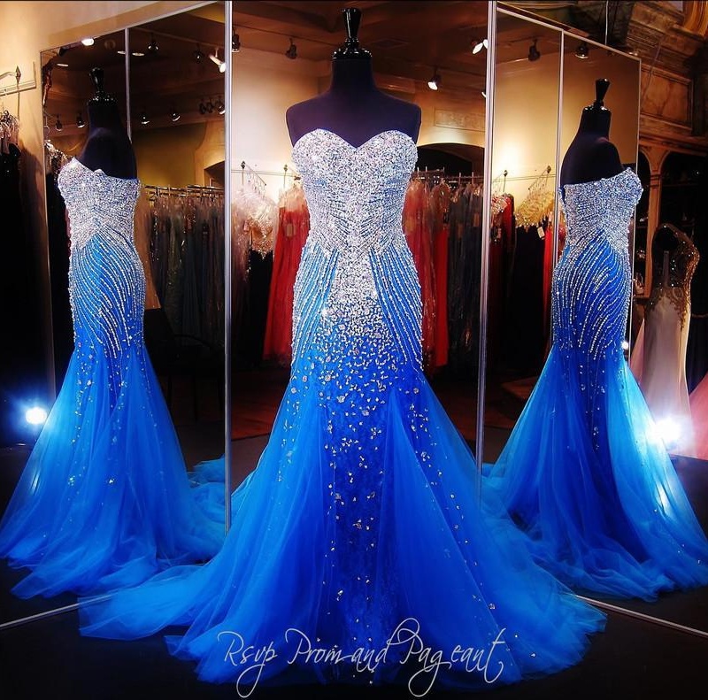 2017 Luxury Blue Mermaid Prom Pageant Dress With Sweetheart Sleeveless Sweep Train Sparkling Crystal Beading Tulle Formal Christmas Evening Dress