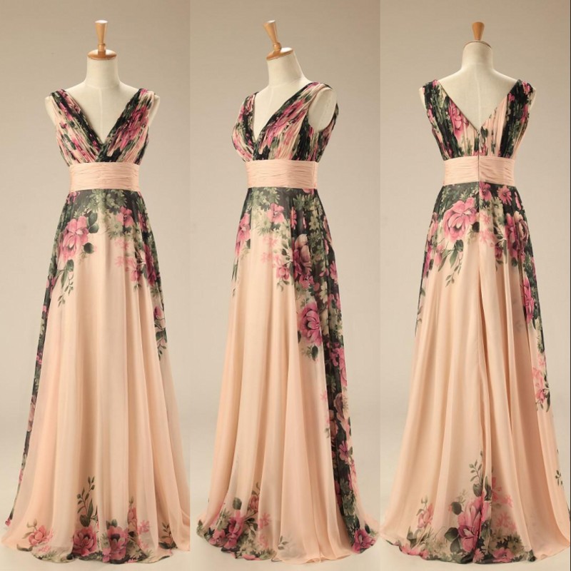 Chiffon Long Formal Evening Dresses 2016 Sell Classic Fashionable V Neck Print Prom Dresses Party Gowns
