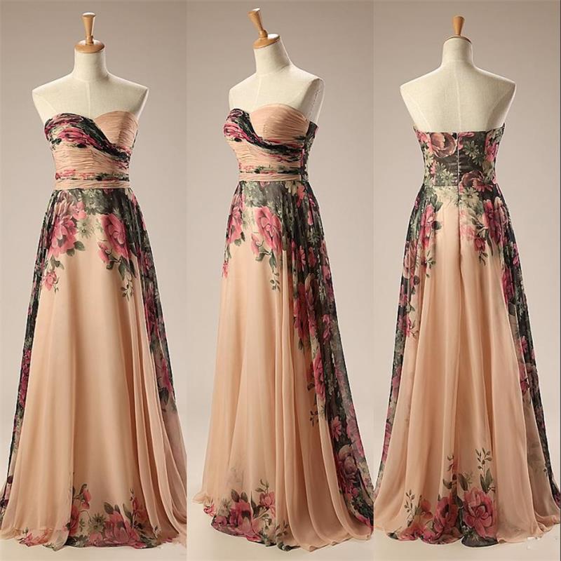 A Line Chiffon Vintage Floral Print Sexy Prom Dress Sweetheart Evening Gown Long Party Dresses Women Prom Dresses