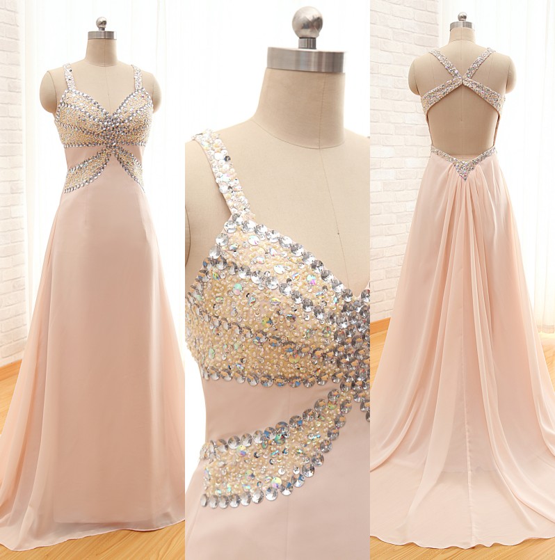 Custom Made Fashion Long Chiffon Prom Dresses ,a-line Sweetheart Spaghetti Backless Evening Dresses With Sequined Beaded