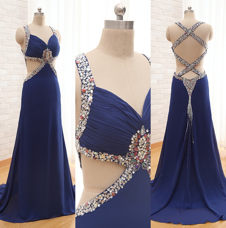 Navy Blue Sexy Prom Dresses,long Chiffon Prom Dresses,backless Prom Dresses,spaghetti Prom Dresses 2016 Prom Dresses
