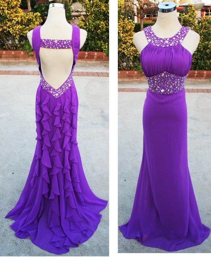 Purple Sexy Evening Dresses,mermaid Prom Gowns,scoop Backless Party Dresses,beaded Crystals Long Chiffon Formal Dresses,women Gowns