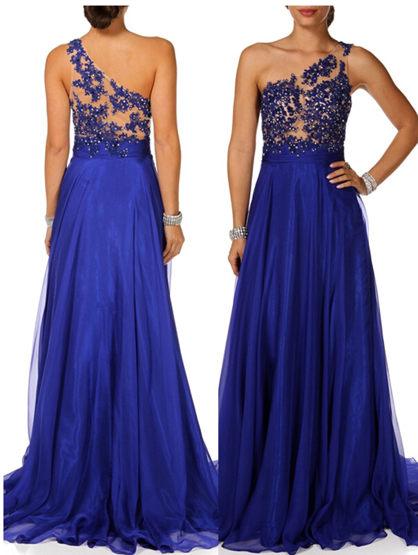 Royal Blue Long Chiffon Prom Gowns 2015 A-line One Shoulder Backless