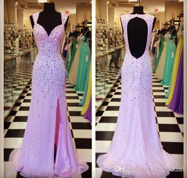 Sreal Sample Prom Dresses Crystal Beaded A-line Straps Sweetheart Neck Backless Long Chiffon Side Slit Evening Gowns