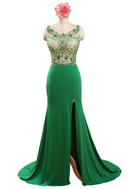 Green Prom Dresses,beaded Evening Dress,backless Prom Dresses,beading Prom Dresses,2016 Prom Gown,slit Prom Dress,princess Formal Gowns For Teens