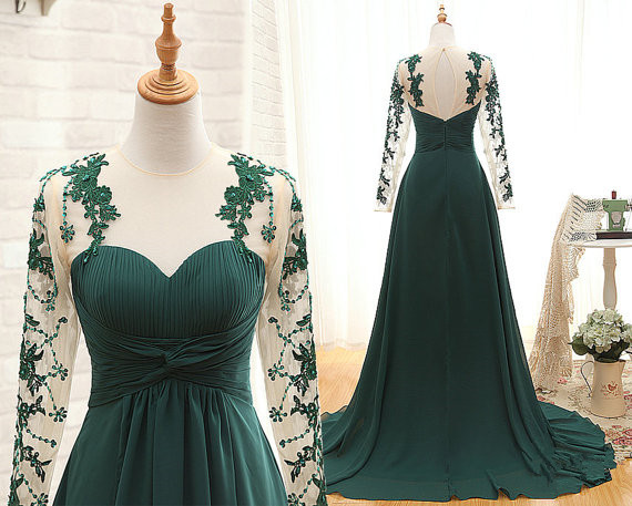 Handcrafted Long-sleeved Dress Pleated Dark Green Long-sleeved Dress, Bridesmaid Dresses, Long Evening Dresses, Prom Dresses For Formal Occasions