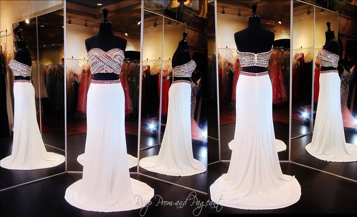 Real Image Sexy Prom Dresses Two 2 Pieces Bling Luxury Sparkle Mermaid White Sheer Neck Beads Rhinestones Crystals Zipper Back Long Formal