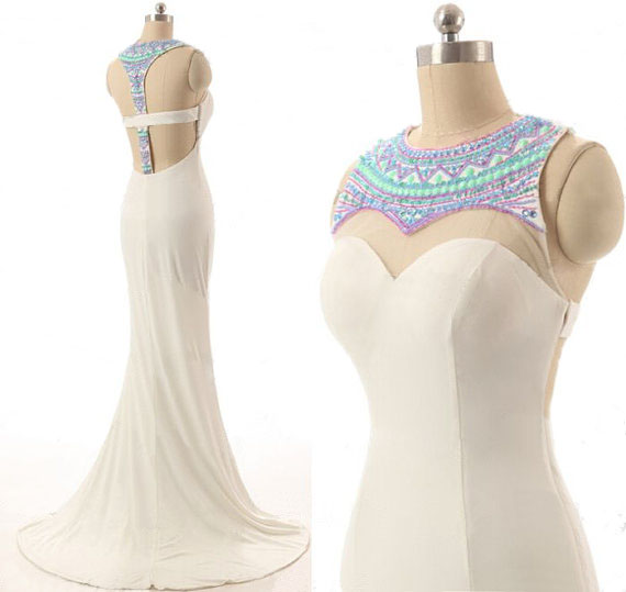 Long Prom Dress, White Prom Dress, Modest Prom Dress, Mermaid Prom Dress, Elegant Prom Dress, Open Back Prom Dress, Evening Dress