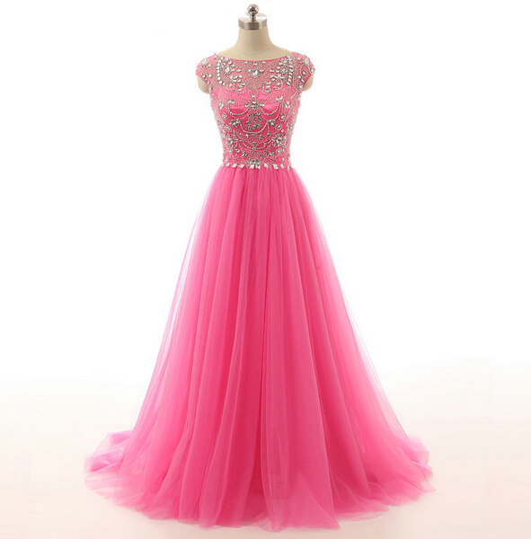 Long Prom Dress, Cap Sleeve Prom Dress, Tulle Prom Dress, Modest Prom Dress, Pink Prom Dress, Formal Prom Dress, Inexpensive Prom Dress, Modest