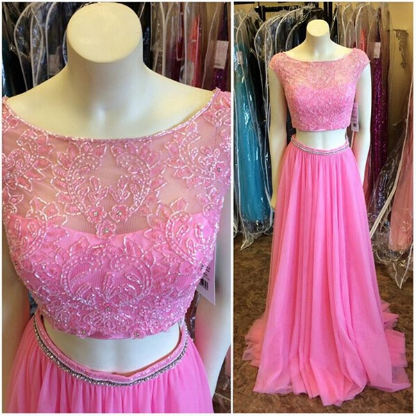 Long Prom Dress, Pink Prom Dress, Charming Prom Dress, Elegant Prom Dress, Cap Sleeve Prom Dress, Two Piece Prom Dress, Junior Prom Dress,