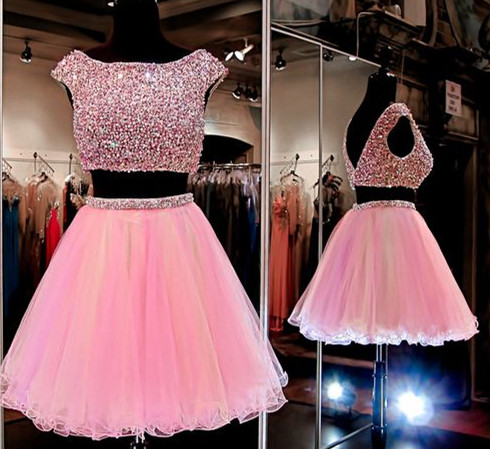 Pink Homecoming Dress,2 Piece Homecoming Dresses,beading Homecoming Gowns,short Prom Gown,sweet 16 Dress,bling Homecoming Dress,2 Pieces
