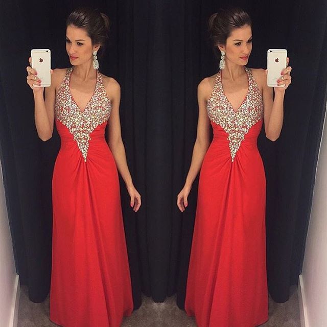 Sexy Prom Dresses,red Prom Dress,chiffon Evening Gown,long Formal Dress,beaded Prom Gowns,evening Dresses
