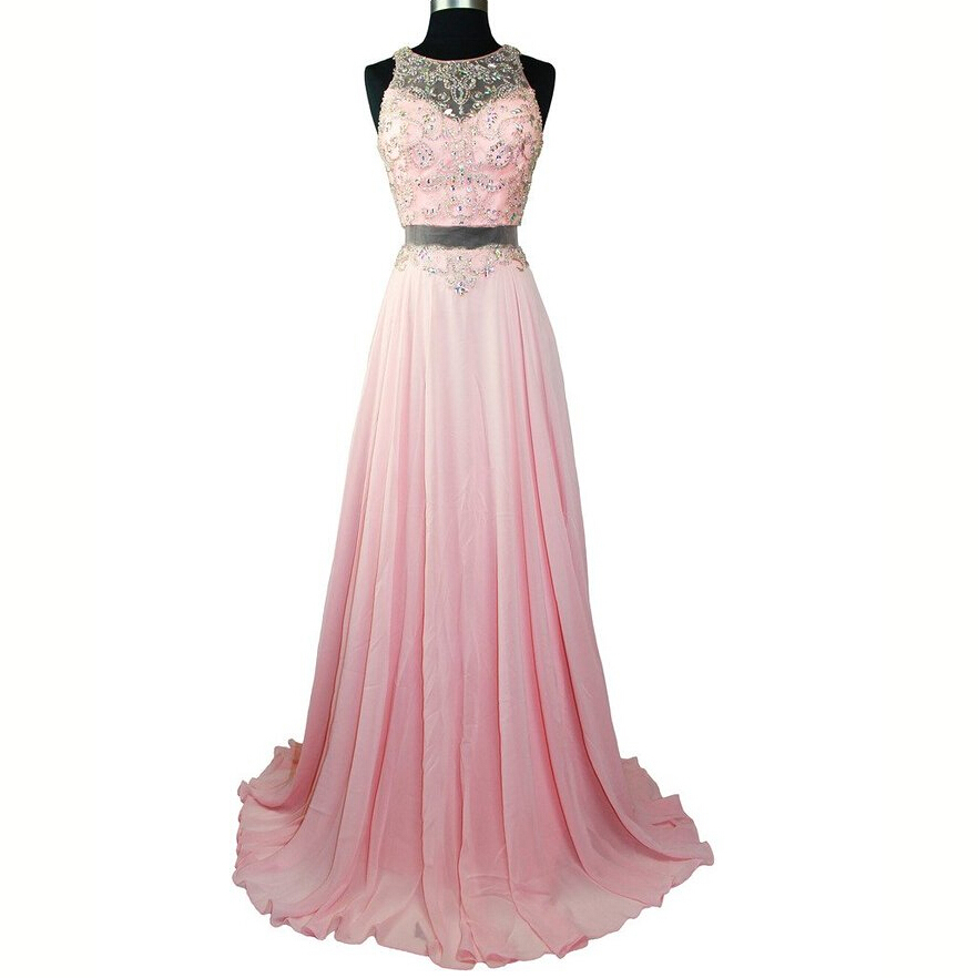Elegant Pink Long Chiffon Prom Dresses 2017 Newest Jewel See Through Back Beaded Crsyatsl Evening Party Dresses Celebrity Dresses