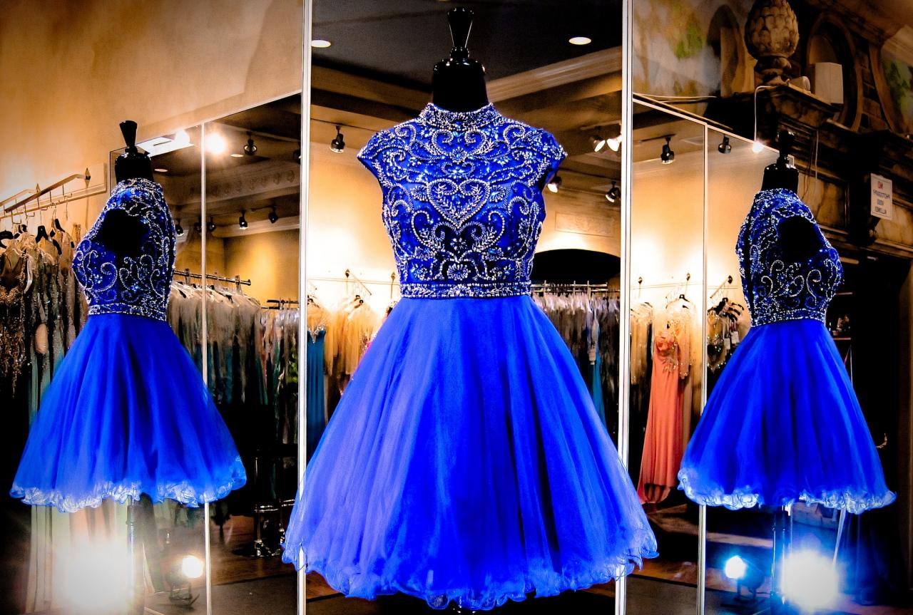 Dark Blue Sweetheart Neck Tulle Sequin Short Prom Dress Blue Puffy Hom –  shopluu