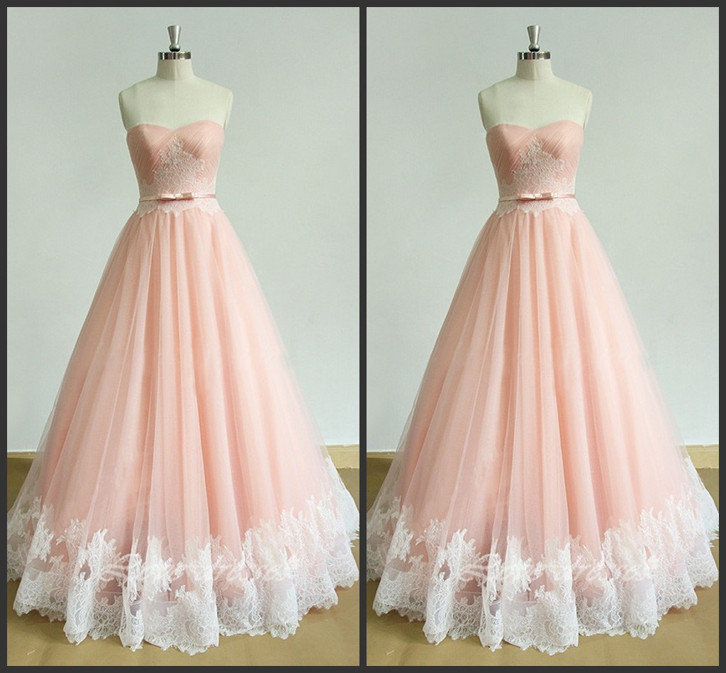 Blush Pink Sweetheart Neckline Draped Floor Length Tulle Evening Dress With Lace Applique