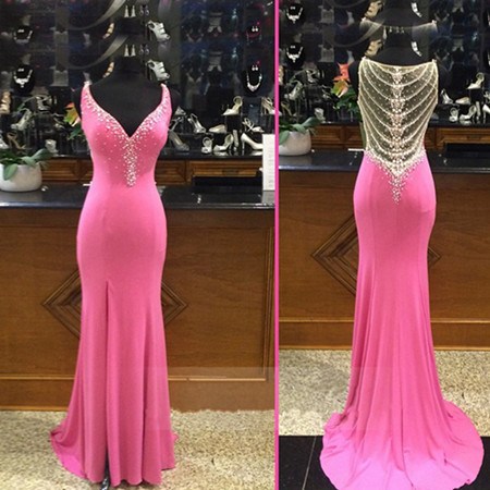 Pink Prom Dresses,backless Evening Gown,mermaid Party Dress,beaded Prom Dresses,2016 Fashion Evening Gown,open Backs Evening Dress,2016 Style