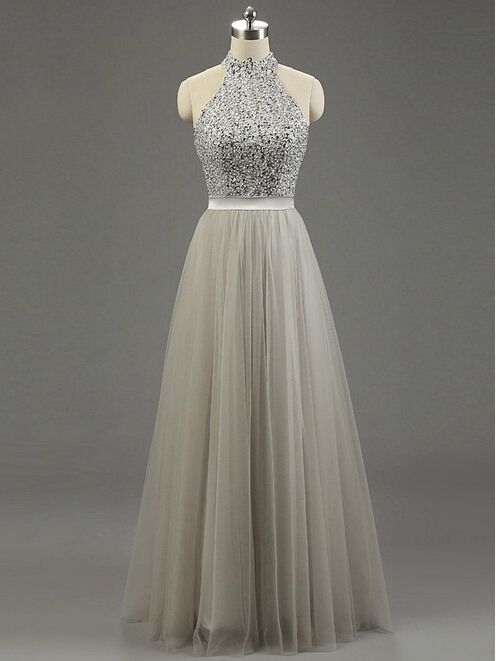 Floor-length High Neck Tulle Prom Dress With Crystal Beads Embellishment