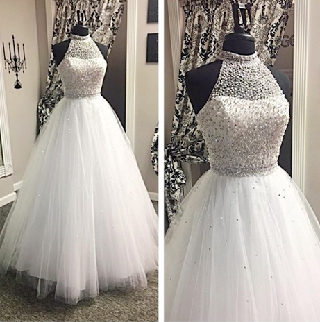 Long White Open Back Prom Dress with Colorful Sequins
