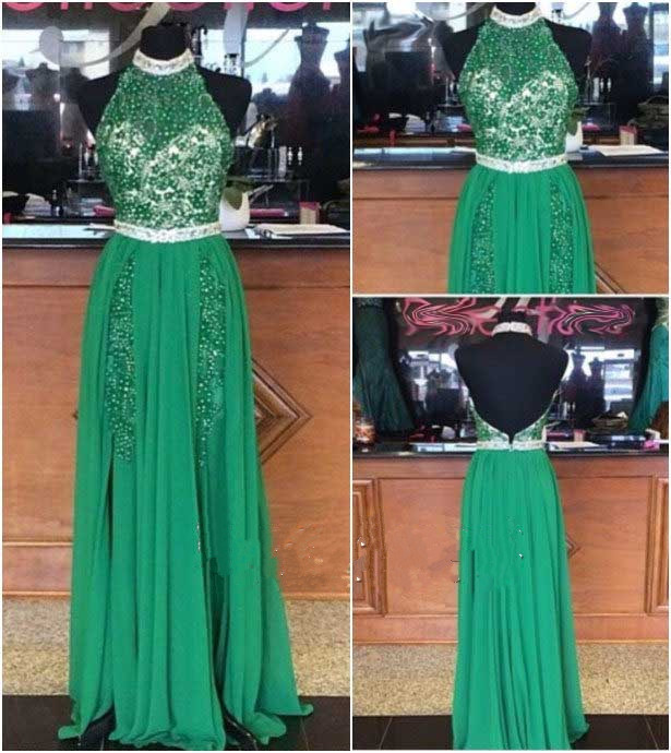 Green Prom Dresses,beading Evening Gowns,modest Formal Dress,beaded Prom Dresses,2016 Fashion Evening Gown,backless Evening Gowns,open Back