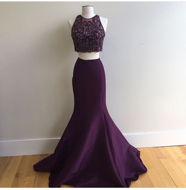 2 piece purple prom dress