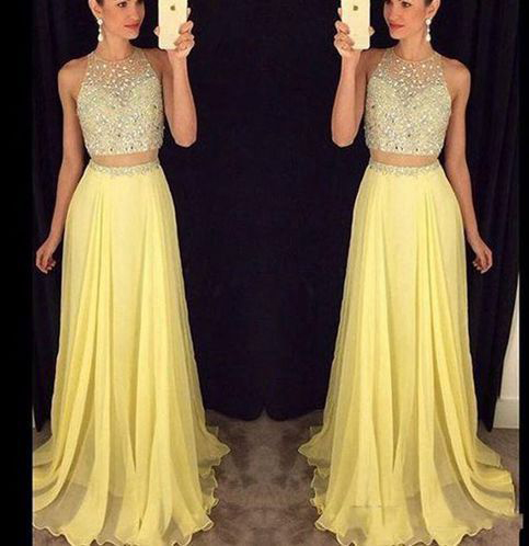2 Piece Prom Gown,two Piece Prom Dresses,yellow Evening Gowns,2 Pieces Party Dresses,chiffon Evening Gowns,formal Dress,sparkly Evening Gowns For