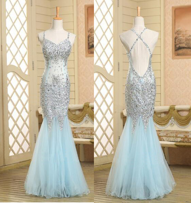 Backless Prom Gown,open Back Prom Dresses,light Sky Blue Evening Gowns,beaded Party Dresses,mermaid Evening Gowns,sexy Formal Dress For Teens