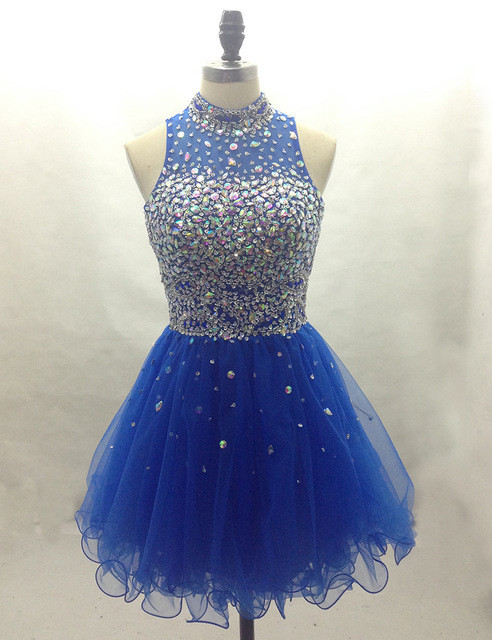 Royal Blue Homecoming Dress,sparkle Homecoming Dresses,beautiful Homecoming Gowns,fashion Prom Gowns,beading Sweet 16 Dress,hign Neckline