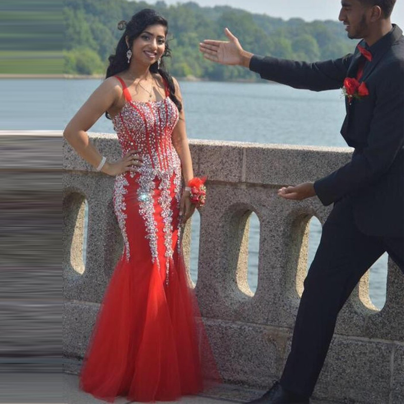 red prom dress with silver sequins