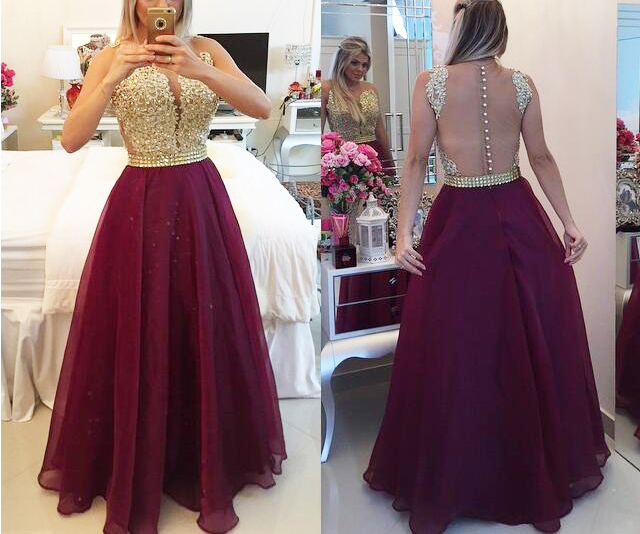 Wine Red Prom Dresses,charming Evening Dress,burgundy Prom Gowns,lace Prom Dresses,2016 Prom Gowns,gold Evening Gown,backless Party Dresses