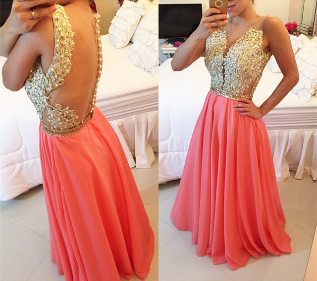 Coral Prom Dresses,charming Evening Dress,coral Prom Gowns,lace Prom Dresses,2016 Prom Gowns,gold Evening Gown,backless Party Dresses