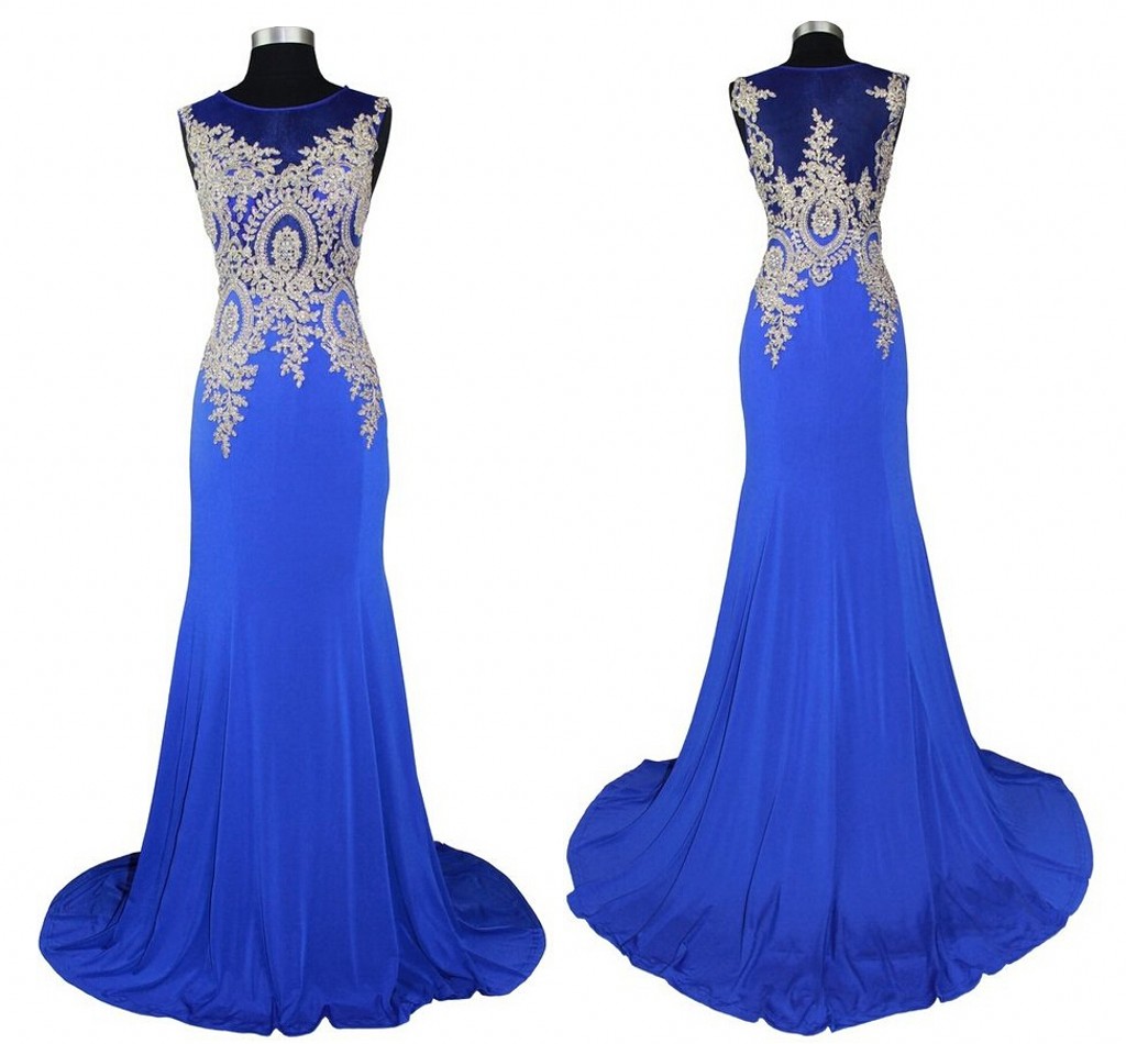 See Through Back Blue Evening Dress With Gold Appliques Mermaid Chiffon Prom Dresses Vestio De Festa Wedding Party Dresses