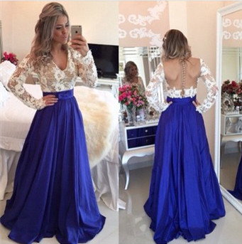 Royal Blue Rom Dress,ball Gown Prom Dress,white Lace Prom Gown,backless Prom Dresses,sexy Evening Gowns, Fashion Evening Gown,long Sleeves Party