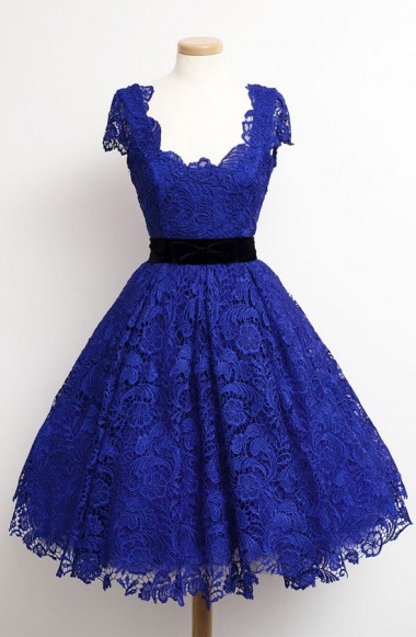 Vintage Style Cap Sleeves Short Royal Blue Homecoming Dress With Black Sash