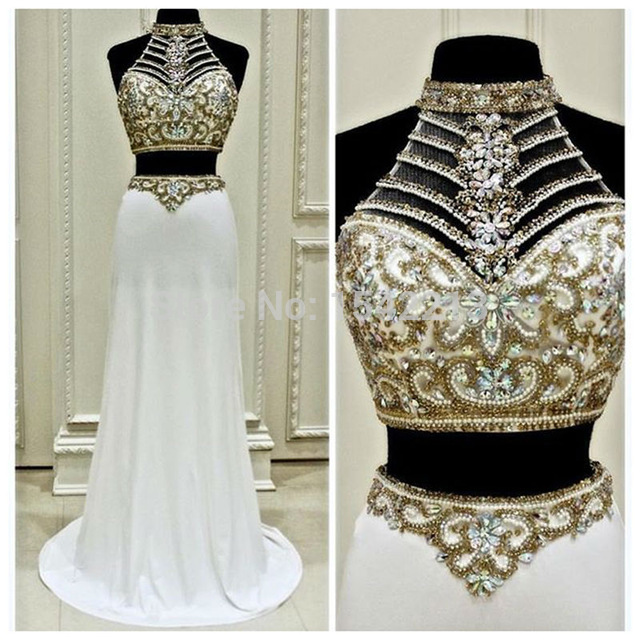 Two Pieces Prom Dress,high Neck Chiffon Prom Dresses,white Sexy Woman Pageant Gowns With Luxuriant Beaded And Crystals