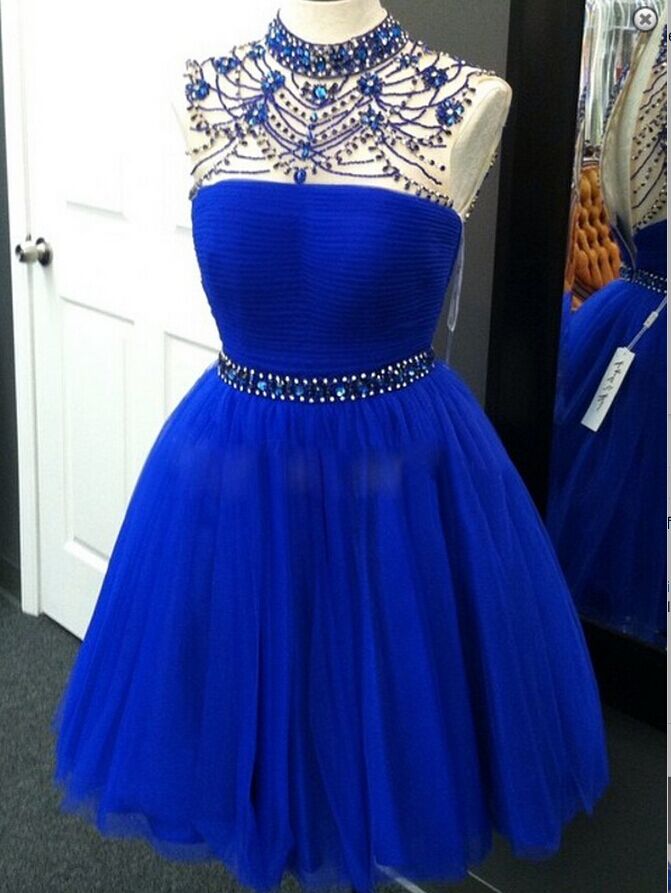 Stunning-high-neck-illusion-back-short-royal-blue-homecoming-dress-with-beading Homecoming Dress Short Prom Dress