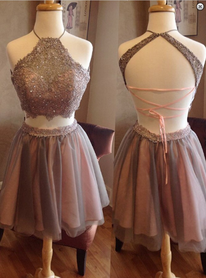 Fashion-two-piece-halter-short-grey-backless-homecoming-dress-beading-appliques Homecoming Dress Short Prom Dress Backless Homecoming