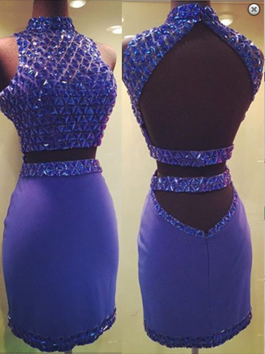 Sheath Two Piece High Neck Short Chiffon Backless Royal Blue Homecoming/cocktail Dress With Beading