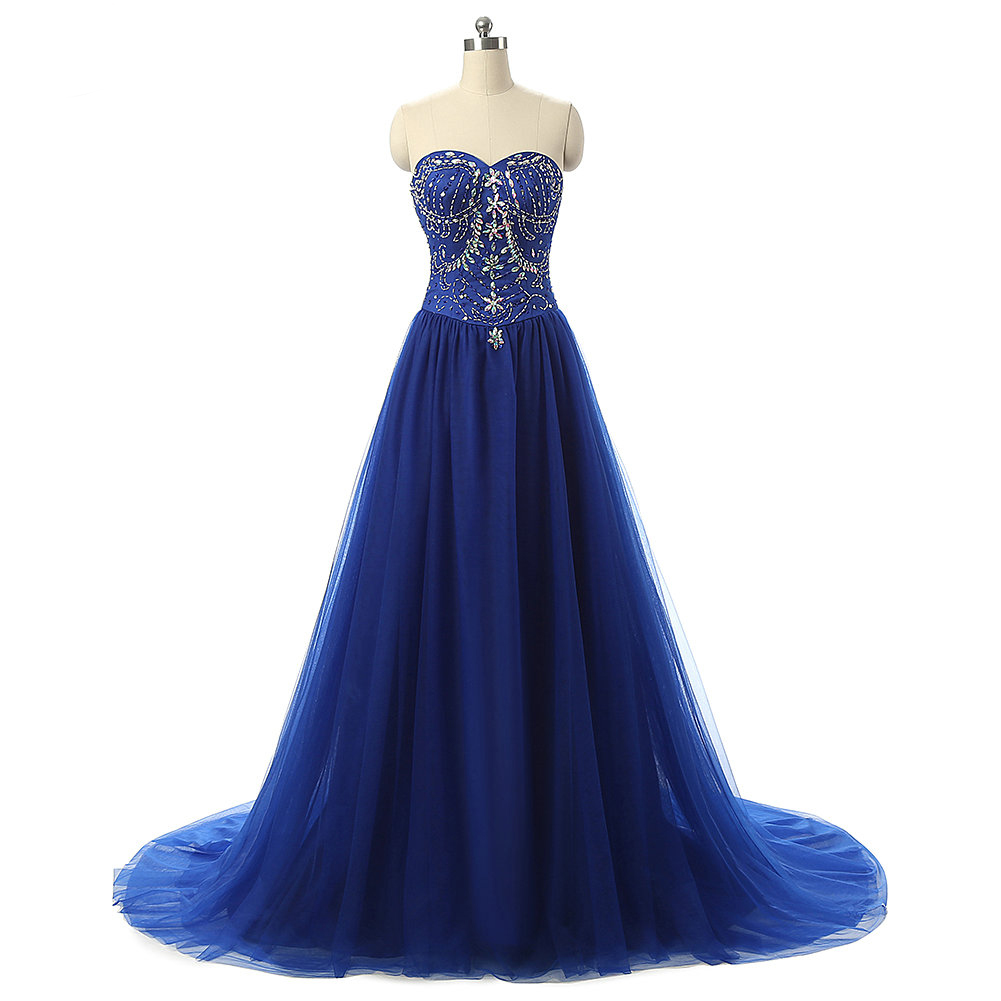 2017 Royal Blue Beading Tulle Long Prom Dresses,pretty Sweetheart Evening Dresses,custom Formal Prom Dresses