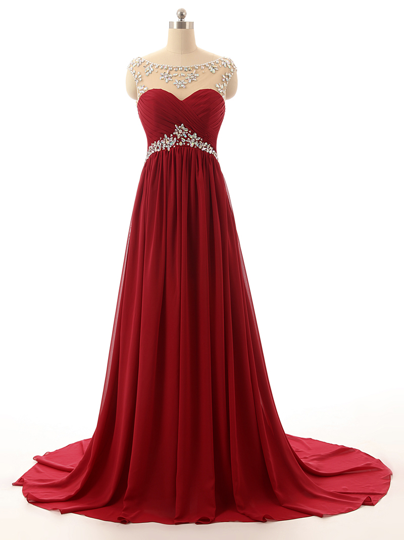 2017 Wine Red Long Prom Dresses，custom Made Beading Chiffon Evening Dresses