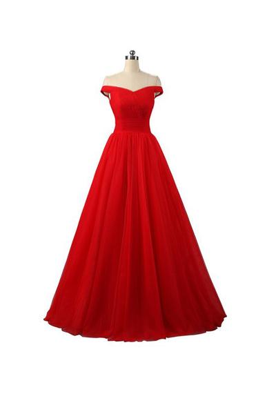 Sexy A-line Red Floor Length Tulle Promdresses Evening Dresses