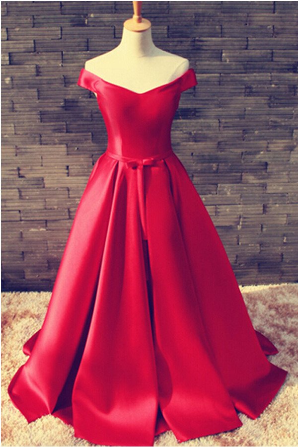 Pretty Off Shoulder Floor Length Satin Red Prom/evening Dress With Belt