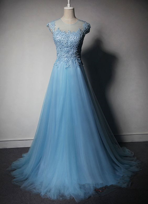 Pretty Light Blue Tulle Long Prom Dress 2017 With Lace Applique And Beadings, Blue Prom Dresses, Prom Gowns