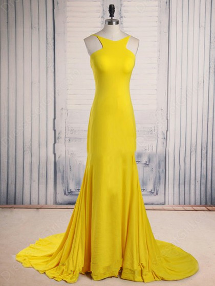 Pretty Handmade Yellow Scoop Neck Court Train Ruffles Backless Prom Dress, Prom Dresses