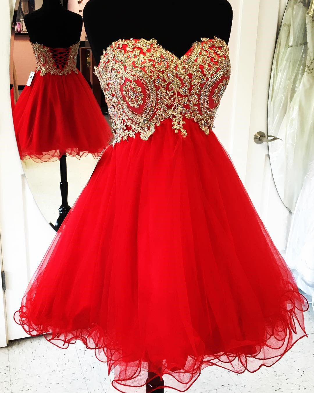 Gold Lace Appliques Short Red Homecoming Dresses 2017 Cocktail Party Dress,graduation Dresses,short Prom Gowns
