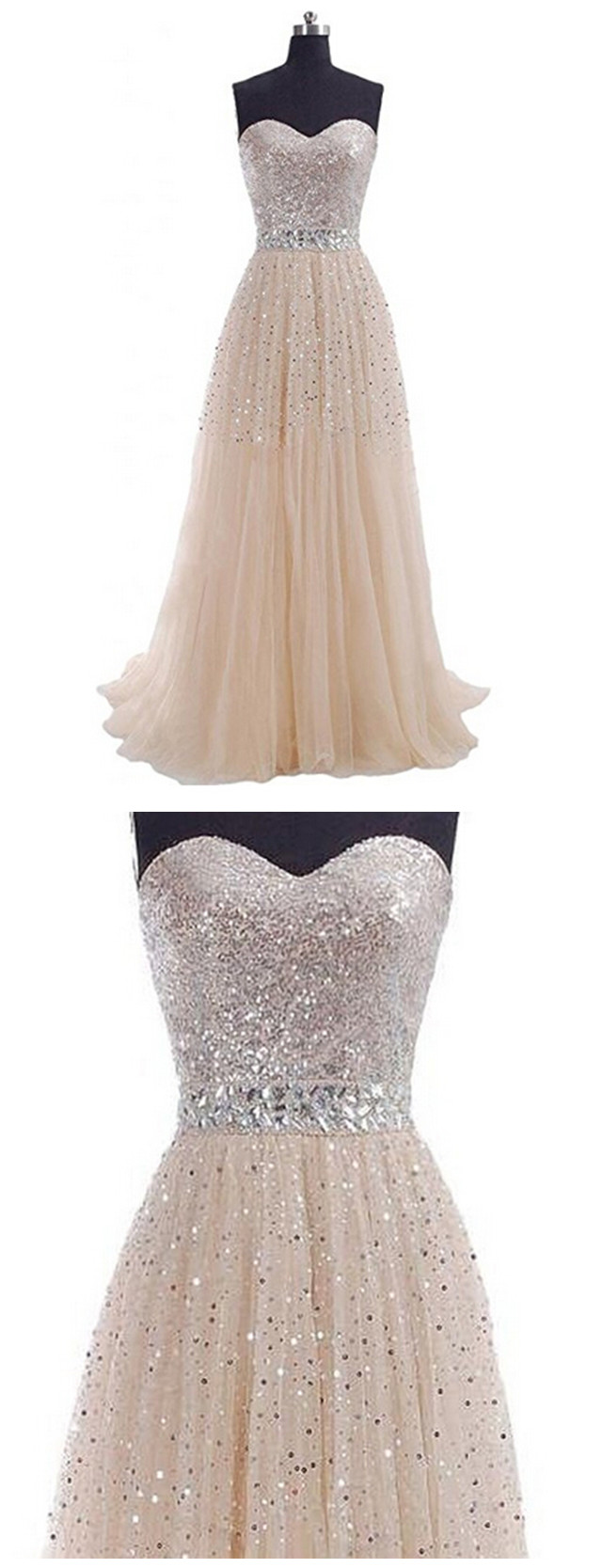 Women's Exquisite Tulle Prom Dresses Sweetheart Party Gowns Sequins A-line Prom Gown Long Evening Dress