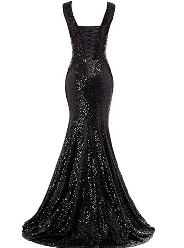 Women's Gold Mermaid Prom Dress Sequins Evening Gown V-eck Bridesmaid ...