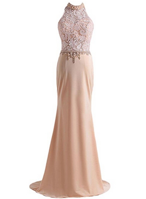 Women's Chiffon Lace Prom Dresses With Beadings High Neck Evening Dress Long Sheath Homecoming Dress
