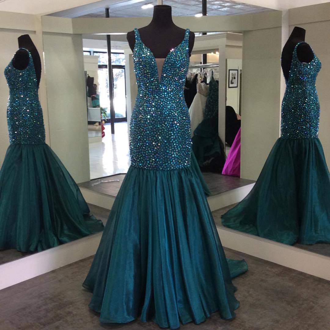 V Neck Crystal Beaded Mermaid Prom Dresses 2017 Sparkly Gowns 2017,glitter Prom Gowns
