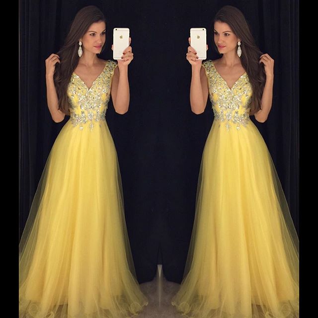 Prom Dress,modest Prom Dress,deep V Neck Long Yellow Prom Dresses 2017 Cap Sleeves Evening Gowns