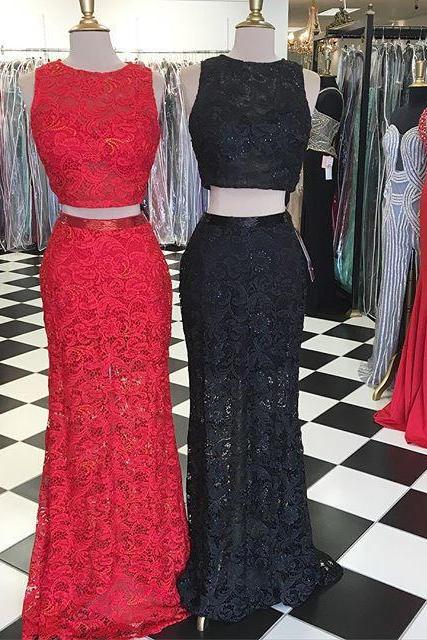 Custom Made Two-piece Lace Prom Dresses, Wedding Dresses Dresses - Red / Black